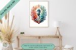 Enchanted Coral Garden - Vibrant Diamond Studded Seahorse Geometric Printable Wall Art - Coastal Beach Style Home, Office or Nursery Decor