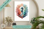 Enchanted Coral Garden - Vibrant Diamond Studded Seahorse Geometric Printable Wall Art - Coastal Beach Style Home, Office or Nursery Decor