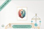Enchanted Coral Garden - Vibrant Diamond Studded Seahorse Geometric Printable Wall Art - Coastal Beach Style Home, Office or Nursery Decor