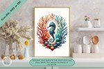 Enchanted Coral Garden - Vibrant Diamond Studded Seahorse Geometric Printable Wall Art - Coastal Beach Style Home, Office or Nursery Decor