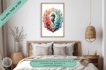 Enchanted Coral Garden - Vibrant Diamond Studded Seahorse Geometric Printable Wall Art - Coastal Beach Style Home, Office or Nursery Decor
