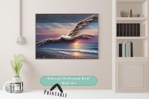 Coastal Elegance Ethereal Driftwood Bird Art: Sunset Flight Over Coastal Waters - Downloadable Printable Wall Art for Home or Office Decor