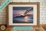 Coastal Elegance Ethereal Driftwood Bird Art: Sunset Flight Over Coastal Waters - Downloadable Printable Wall Art for Home or Office Decor