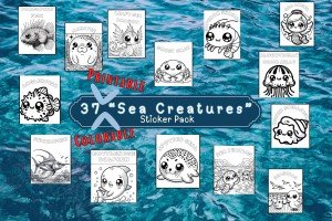 Enchanting Kuwaii Sea Creatures: 37-Designs Printable and Colorable Sticker Pack - Cute Stickers - Under The Sea - Coastal -Instant Download
