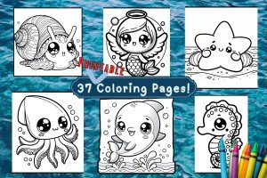 Enchanting Ocean Odyssey: Collection of 37 Kuwaii Sea-Themed Printable Coloring Pages - Ocean Coloring Sheets - Instant Download - Printable