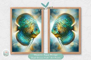 Dual Discus Fish Art Prints - Transformative Teal Abstract Art - Coastal Wall Decor for Home or Office - Downloadable Printable Aquatic Art