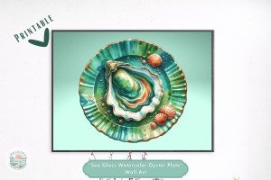 Elegant Sea Glass Watercolor Oyster Plate Wall Art - Unique Beach House Decor - Downloadable Printable Coastal Decor for Kitchen, Dining etc