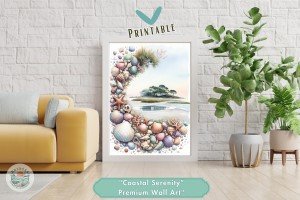 Coastal Serenity: Lowcountry Beach Scene Watercolor Print with Vibrant Shell Border – Downloadable Printable Premium Wall Art for Home Decor