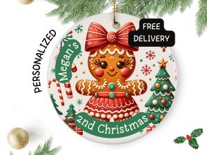 2nd Christmas Personalized Gingerbread Girl Ornament, Custom Bauble for Second Christmas, Cute Holiday Decoration & Keepsake for Baby