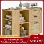 3-Drawer Rattan Filing Cabinet with Charging Station