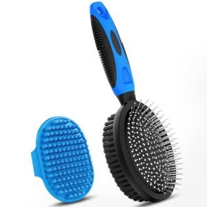 UGNEL 2PCS Dog Grooming Tools - Double-Sided Bath Brush for Shedding and Bathing, Suitable for Short/Long Haired Dogs, Premium Pet Supplies (Black Blue)