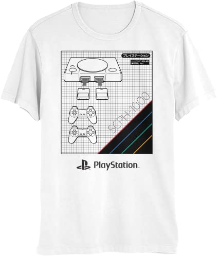 PlayStation Retro PS5 Console and Controller Grid Art Short Sleeve Mens and Womens Graphic T-Shirt (Large, White)