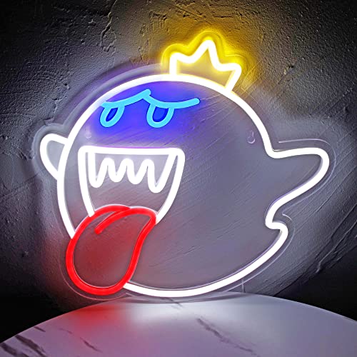 Neon Sign King Boo The Ghost Face LED Neon Light Mario Lamp Acrylic Sign for Game Room Decor Gaming Light Accessory Gifts for Boy Room Decor (White)