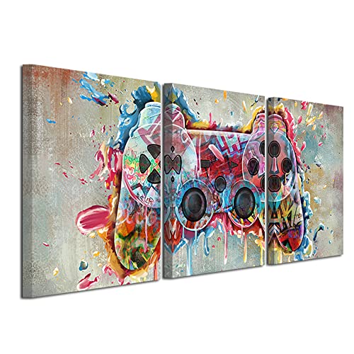 SiMiWOW Video Game Wall Art Gamepad Street Graffiti Painting Gamer Wall Decor Picture Gaming Poster Framed Canvas Prints Ready to Hang (12"x16"x3 Panels)