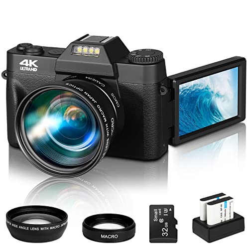 Vlogging Camera, Acoletty 4K 48MP Digital Cameras for Photography, 16X Digital Zoom, 52mm Wide Angle Lens, Macro Lens, 2 Batteries & Charging Stand, 32GB TF Card, 3.0" IPS 30FPS 180°Flip Screen Black