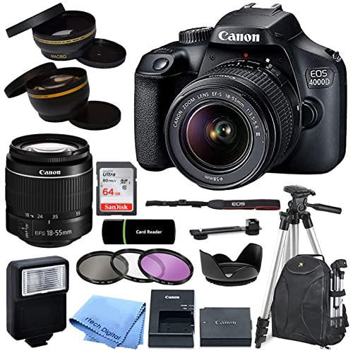 Canon EOS 4000D / Rebel T100 DSLR Camera with EF-S 18-55mm Zoom Lens + SanDisk 64GB Memory Card + Tripod + Case + Wideangle Lenses + Rtech Digital Cloth (20pc Bundle), Black, cn4000d bundle (Renewed)