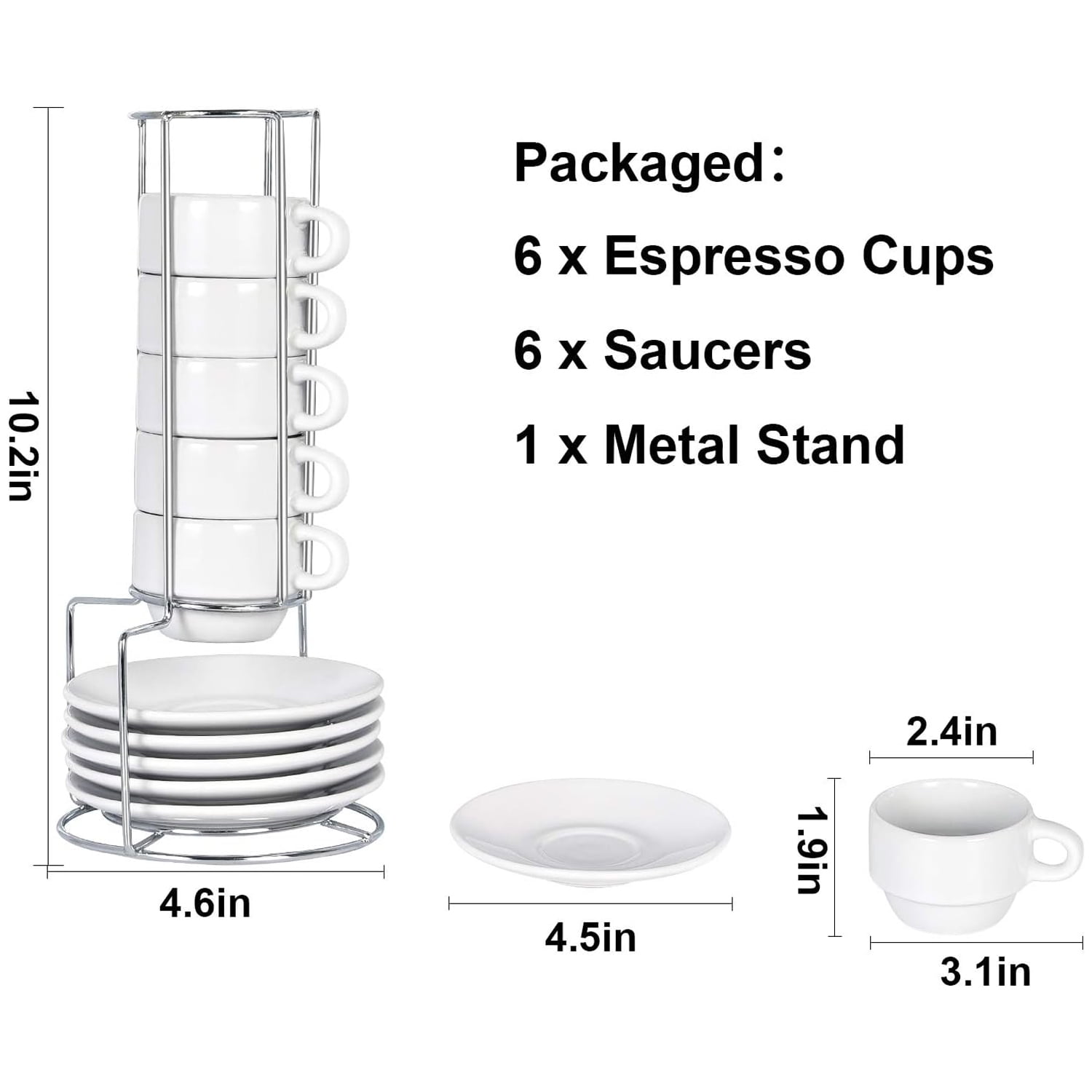 6 Modwnfy Espresso Cups & Saucers, 2.5oz White