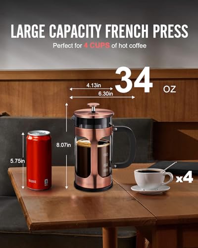 BAYKA 34oz French Press Coffee Maker, Copper Stainless Steel