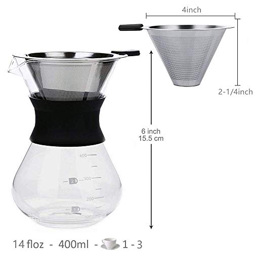 XIYUAN Pour Over Coffee Maker, Borosilicate Glass, Stainless Steel Filter