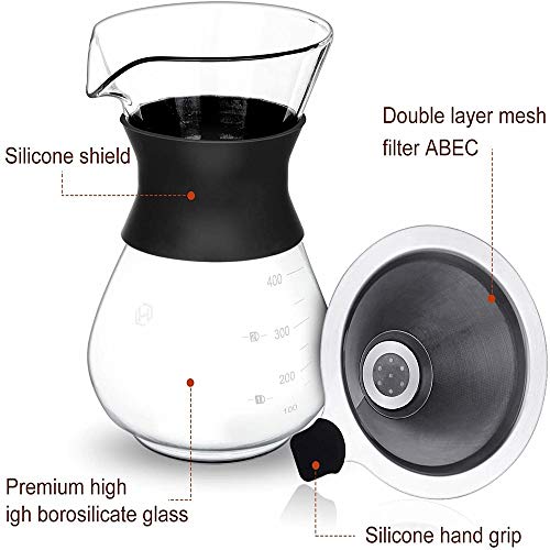 XIYUAN Pour Over Coffee Maker, Borosilicate Glass, Stainless Steel Filter