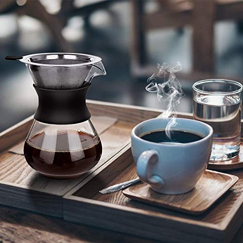 XIYUAN Pour Over Coffee Maker, Borosilicate Glass, Stainless Steel Filter