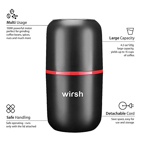 Wirsh Electric Coffee Grinder - Stainless Steel Blades, Powerful Motor - 4.2 oz. Capacity