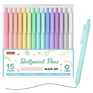 Shuttle Art Ballpoint Pens, 15 Pack Pastel Retractable Black Ink Ball Point Pens, Cute Pens 1.0mm Medium Point Quick Drying for Writing Journaling Taking Notes School Office Home