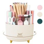 SKYDUE 360 Degree Rotating Desk Organizer, Dual-Purpose Pencil Pen Holder for Desk, Rotating Desk Pen Organizer with 5 Slots, Pencil Cup for Office, School, Home Beige