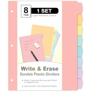 8 Count/1 Set Write & Erase Binder Dividers with Tabs, Durable Plastic 8 Tab Dividers for 3 Ring Binder Letter Size, Separators for Student School Home Office Document Organizer, Pastel