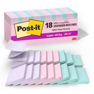 Post-it 100% Recycled Paper Super Sticky Pop-up Notes, 18 Sticky Note Pads, 3 in. x 3 in., Sticky Notes for Vertical Surfaces, Monitors, Walls and Windows, Wanderlust Pastels Collection