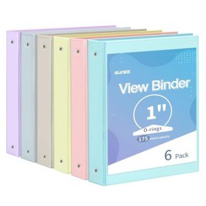 SUNEE 1 Inch Binders 3 Ring 6 Pack, Clear View Three Ring Binders PVC-Free (Fit 8.5x11 Inches) for School or Office Supplies, Pastel Binder
