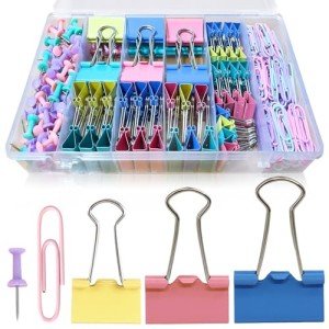 Paper Clips and Binder Clips Assorted Sizes, 240 PCS Colored Office Clips Set Large Medium Small Paper Clamps Paperclips Push Pin Thumb Tacks, College Supplies Home Office Supplies Document Organizing
