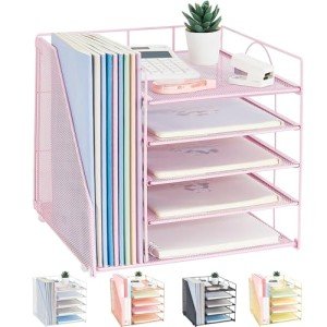 LEKETREE Desk Organizers and Accessories, 5-Tier Paper Letter Tray Organizer with File Holder, Pink Office Decor (Pink)