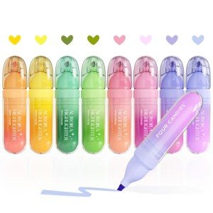 Four Candies 8 Pcs Highlighters Assorted Colors, Cute Pastel Highlighter Set, Dry Quickly, Soft Chisel Tip, Assorted Colors Bible Highlighter for No Bleed, Aesthetic Highlighters for School, Office