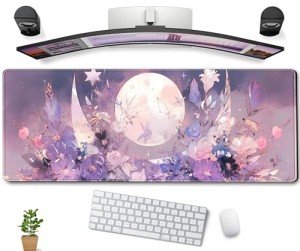 Cool Kawaii Pastel Purple Floral Desk Mat Mouse Pad Large Gaming Mousepad Spiritual Full Moon XL Extended Desk Pad Laptop Keyboard Mouse Mat, Cute Deskmat for Women Office Decor 31.5''x11.8''