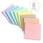 Lined Sticky Notes 3x3 Inch, 8 Pack, Light Colors, Premium Self-Adhesive Notepads, 640 Sheets, for Office, School & Home Use, Easy to Use, Reusable & Removable