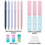 Four Candies Cute Mechanical Pencil Set, 6PCS Pastel Mechanical Pencils 0.5 & 0.7mm with 360PCS HB Pencil Leads, 3PCS Erasers and 9PCS Eraser Refills, Aesthetic Mechanical Pencils for Girls Writing