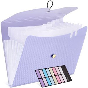 JARLINK 7 Pockets Expanding File Folder, A4 Size Accordion File Folders with 12 Labels, Cute Paper Organizer, Portable Document Organizer for Home College School Office Supplies, Macaron Purple