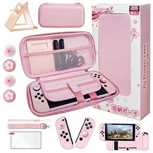 HLRAO Pink Travel Carrying Case Accessories Kit Compatible with Nintendo Switch (NOT Fit OLED/Lite).Pink Switch Hard Protective Cover,Adjustable Stand,Screen Protector & Cute Thumb Grips 10 in 1 Gift.
