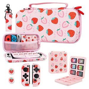 RHOTALL Cute Carrying Case for Nintendo Switch & Switch OLED, Hard Portable Travel Case for Switch Accessories with 12 Game Holder, 2 joycon Shell, Shoulder Strap, and 2 Thumb Caps - Pink Strawberry