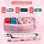 RHOTALL Cute Carrying Case for Nintendo Switch & Switch OLED, Hard Portable Travel Case for Switch Accessories with 12 Game Holder, 2 joycon Shell, Shoulder Strap, and 2 Thumb Caps - Pink Strawberry