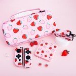 RHOTALL Cute Carrying Case for Nintendo Switch & Switch OLED, Hard Portable Travel Case for Switch Accessories with 12 Game Holder, 2 joycon Shell, Shoulder Strap, and 2 Thumb Caps - Pink Strawberry