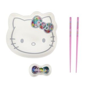 Hello Kitty Character Head Sushi Plate With Bow Sauce Tray & Pink Chopsticks