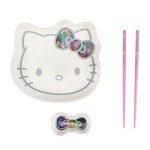 Hello Kitty Character Head Sushi Plate With Bow Sauce Tray & Pink Chopsticks