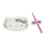 Hello Kitty Character Head Sushi Plate With Bow Sauce Tray & Pink Chopsticks