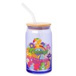 Silver Buffalo Care Bears Retro Flower Power Caring is Groovy Featuring Funshine, Friend, Good Luck, Harmony, Cheer Bear Purple Glass Jar Tumbler with Bamboo Lid and Glass Straw, 16 Ounces