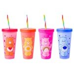 Silver Buffalo Care Bears Hearts and Stars 4 Pack Plastic Color Changing Tumblers with Rainbow Swirl Straws Featuring Tenderheart, Funshine, Cheer, and Grumpy Bear 24 Ounces