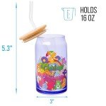 Silver Buffalo Care Bears Retro Flower Power Caring is Groovy Featuring Funshine, Friend, Good Luck, Harmony, Cheer Bear Purple Glass Jar Tumbler with Bamboo Lid and Glass Straw, 16 Ounces