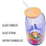 Silver Buffalo Care Bears Retro Flower Power Caring is Groovy Featuring Funshine, Friend, Good Luck, Harmony, Cheer Bear Purple Glass Jar Tumbler with Bamboo Lid and Glass Straw, 16 Ounces