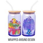 Silver Buffalo Care Bears Retro Flower Power Caring is Groovy Featuring Funshine, Friend, Good Luck, Harmony, Cheer Bear Purple Glass Jar Tumbler with Bamboo Lid and Glass Straw, 16 Ounces